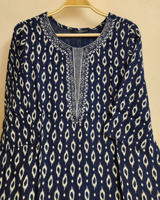 Navy Blue Ikat Eye Print Rayon Straight Kurti