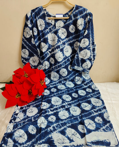 Navy Blue Shibori Bandhani Print Kalamkari Cotton Straight Kurti | Mayura