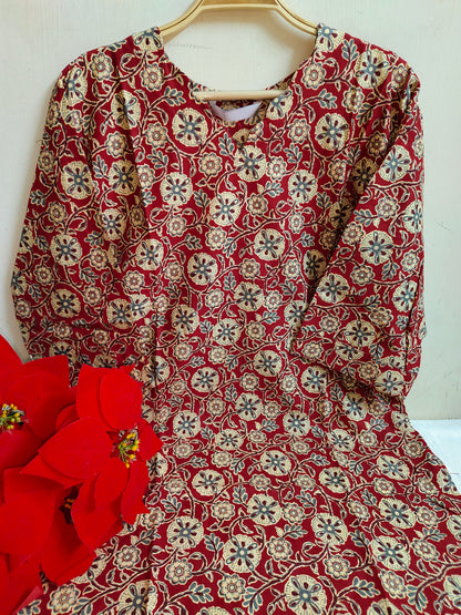 Red Kalamkari Floral Medallion & Vine Print Cotton Straight Kurti | Mayura