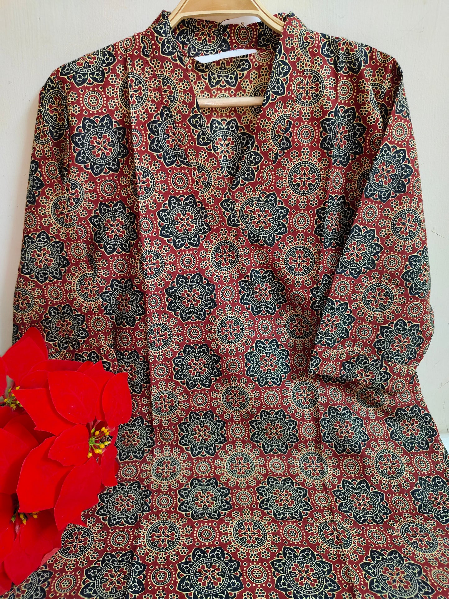 Maroon Ajrakh Geometric Mandala Print Kalamkari Cotton Straight Kurti | Mayura
