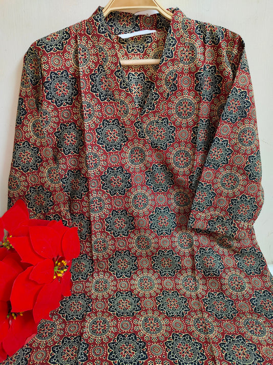 Maroon Ajrakh Geometric Mandala Print Kalamkari Cotton Straight Kurti | Mayura