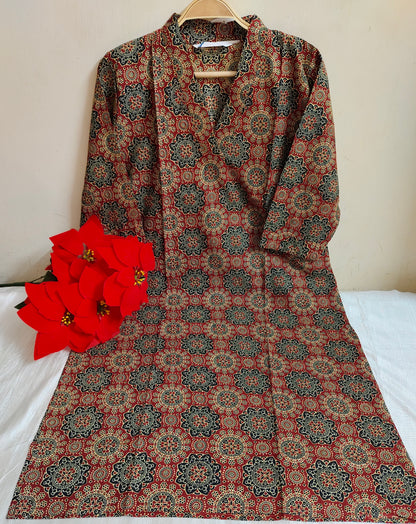 Maroon Ajrakh Geometric Mandala Print Kalamkari Cotton Straight Kurti | Mayura