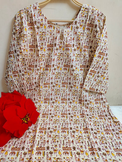 Cream Warli Tribal Folk Art Print Kalamkari Cotton Straight Kurti | Mayura