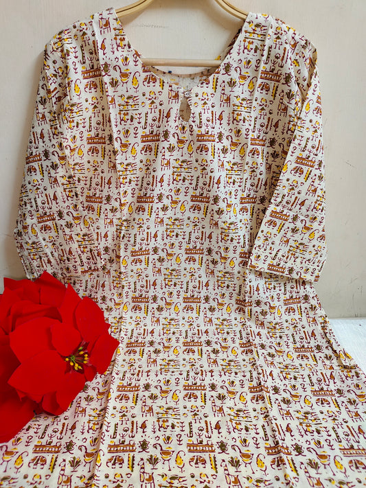 Cream Warli Tribal Folk Art Print Kalamkari Cotton Straight Kurti | Mayura