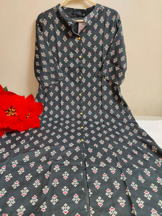 Charcoal Grey Fleur-de-Lis Booti Print Rayon A-Line Kurti | Mayura