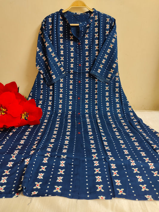 Navy Blue Vertical Stripe Geometric Booti Print Rayon A-Line Kurti | Mayura