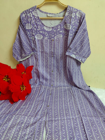 Lavender Floral Vine Stripe Print Rayon A-Line Kurti | Mayura