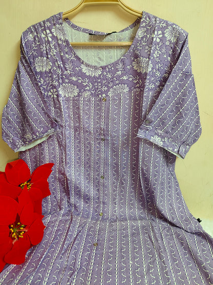 Lavender Floral Vine Stripe Print Rayon A-Line Kurti | Mayura