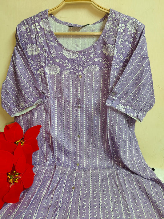 Lavender Floral Vine Stripe Print Rayon A-Line Kurti | Mayura