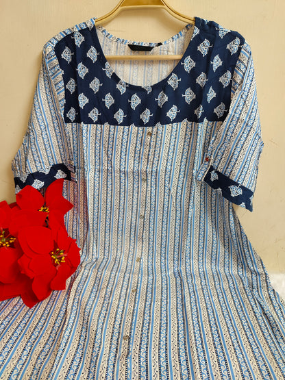 White & Blue Stripe Print Rayon A-Line Kurti | Mayura