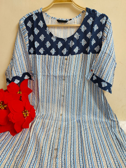 White & Blue Stripe Print Rayon A-Line Kurti | Mayura