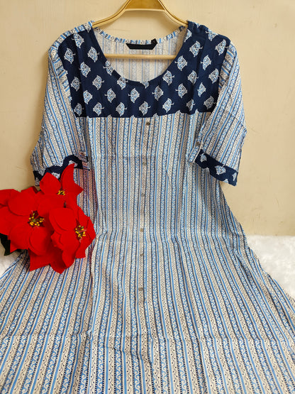 White & Blue Stripe Print Rayon A-Line Kurti | Mayura