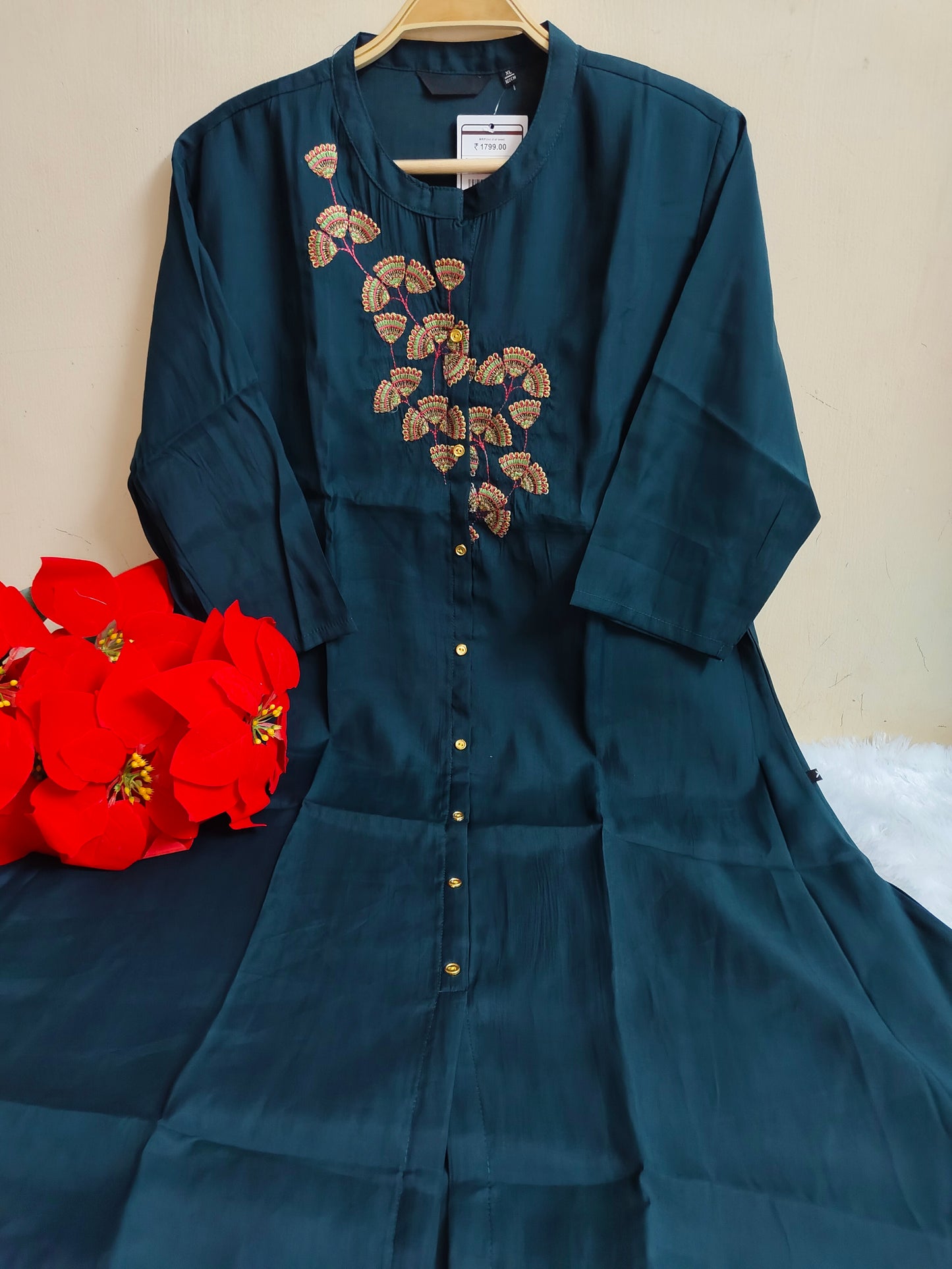 Teal Solid Silk A-Line Kurti | Mayura