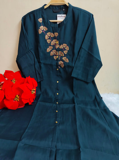 Teal Solid Silk A-Line Kurti | Mayura