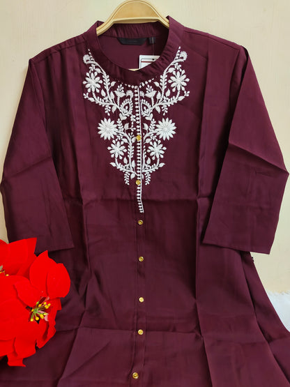 Wine Solid Silk A-Line Kurti | Mayura