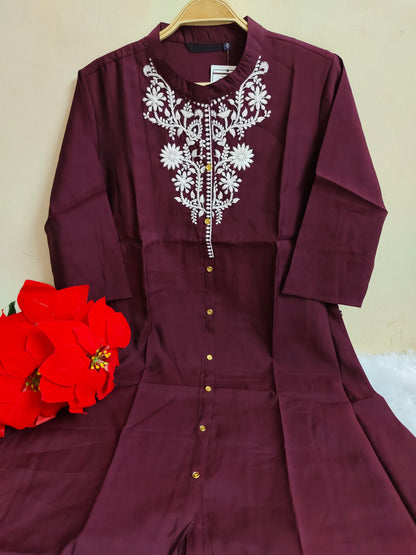 Wine Solid Silk A-Line Kurti | Mayura