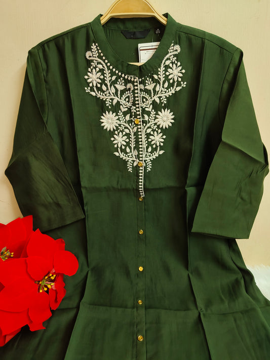 Olive Green Solid Silk A-Line Kurti | Mayura