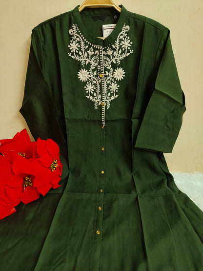 Olive Green Solid Silk A-Line Kurti | Mayura