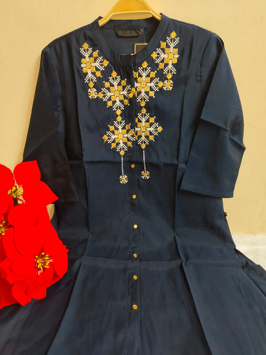 Navy Blue Solid Silk A-Line Kurti | Mayura