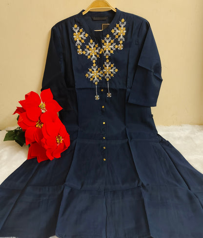 Navy Blue Solid Silk A-Line Kurti | Mayura