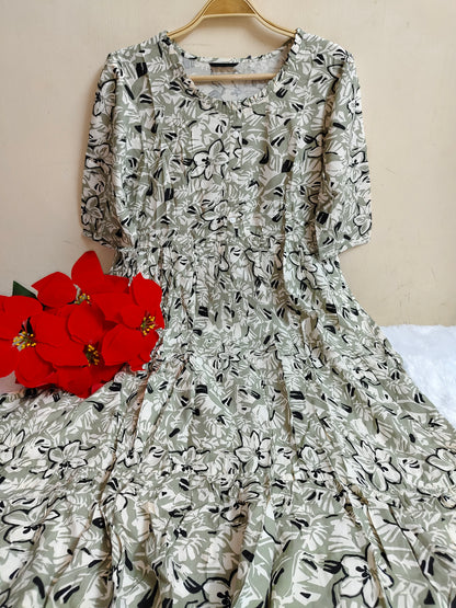 Sage Green Abstract Floral Print Rayon Maxi Dress | Mayura