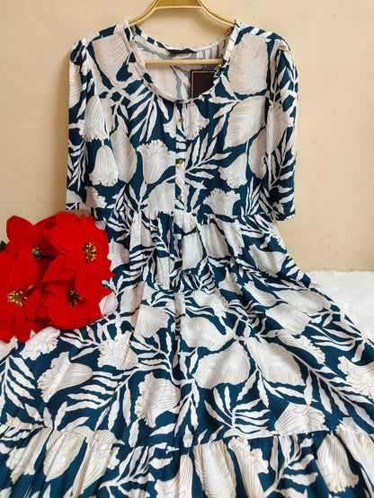 Teal & White Tropical Leaf & Floral Print Rayon Maxi Dress | Mayura