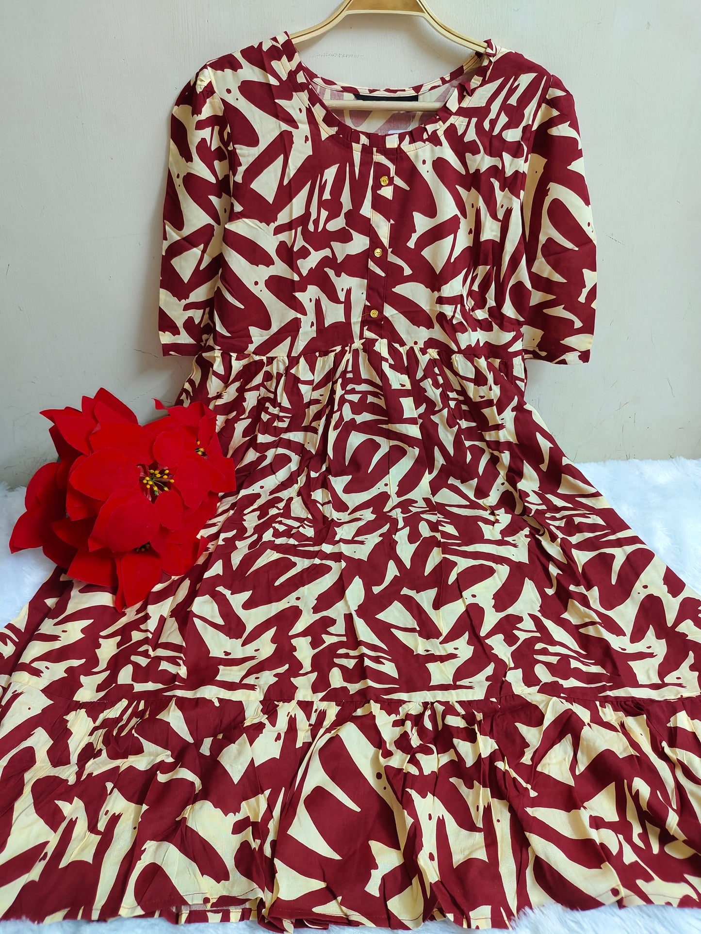 Cream & Red Abstract Brushstroke Print Rayon Maxi Dress | Mayura