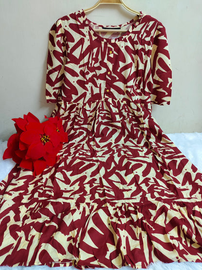 Cream & Red Abstract Brushstroke Print Rayon Maxi Dress | Mayura