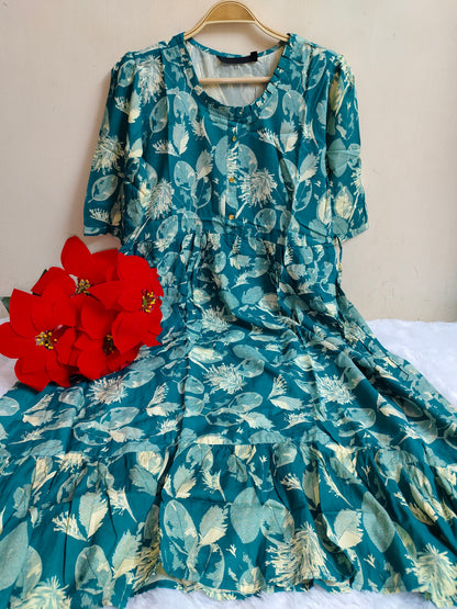 Teal Floral & Leaf Print Rayon Maxi Dress | Mayura
