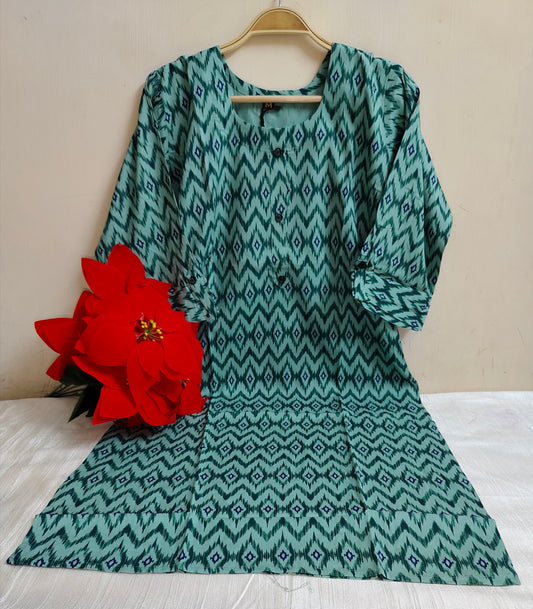 Teal Ikat Chevron Zigzag Print Rayon Straight Kurti