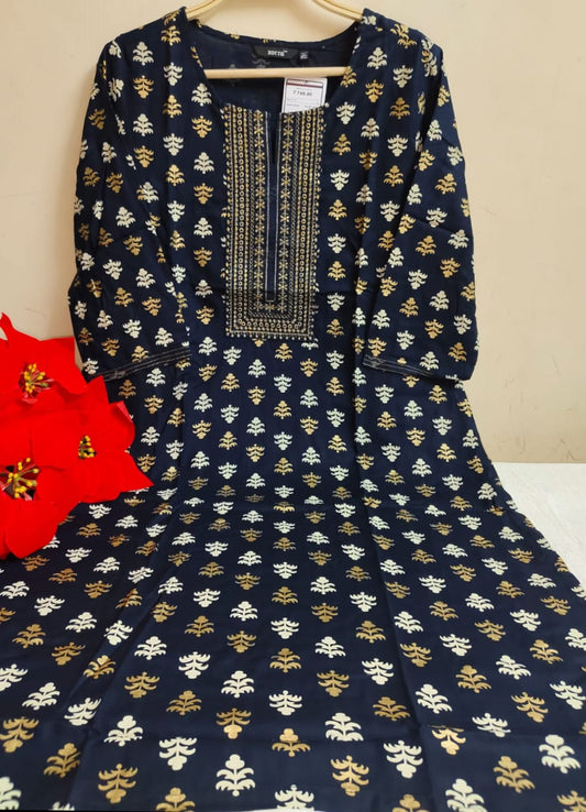 Navy Blue Printed Rayon Kurti with Embroidered Neckline | Mayura