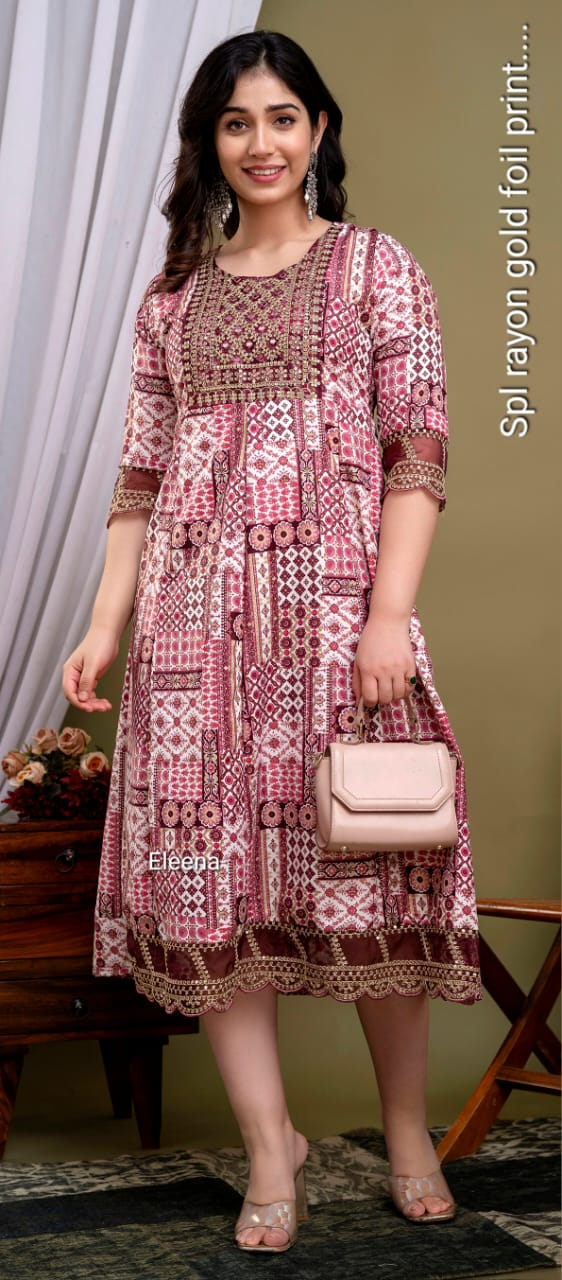 Pink Gold Foil Print Anarkali Kurti 1 Piece | Mayura