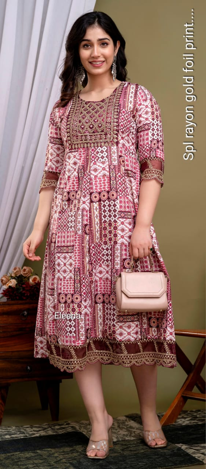 Pink Gold Foil Print Anarkali Kurti 1 Piece | Mayura