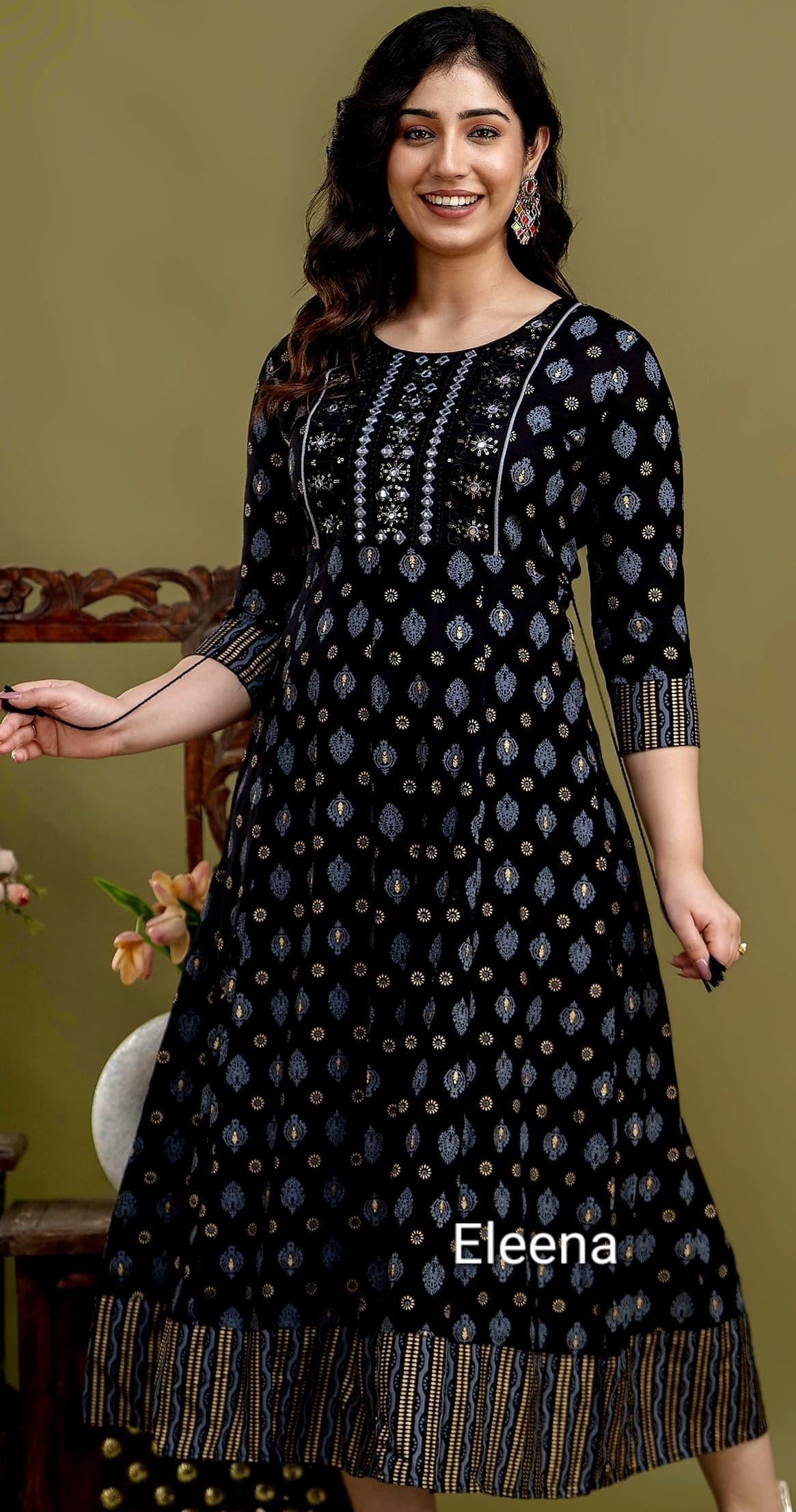 Black Printed Rayon Anarkali Kurti 1 Piece | Mayura