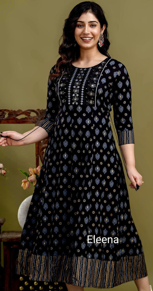 Black Printed Rayon Anarkali Kurti 1 Piece | Mayura